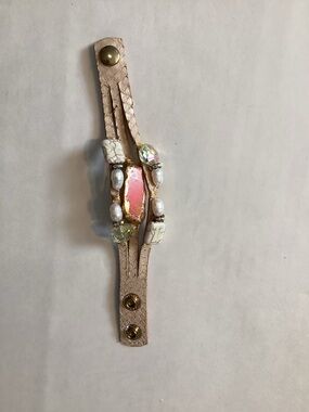 Suzy T Designs Beige Leather Bracelet with Coral Gemstone and Pearl Accents